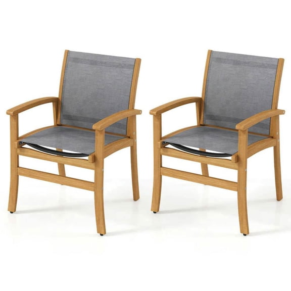 Spaco Set of 2 Patio Dining Chairs, Patio Dining Chair with Breathable Fabric and Acacia Wood Frame for Patio, Garden, Backyard, Gray