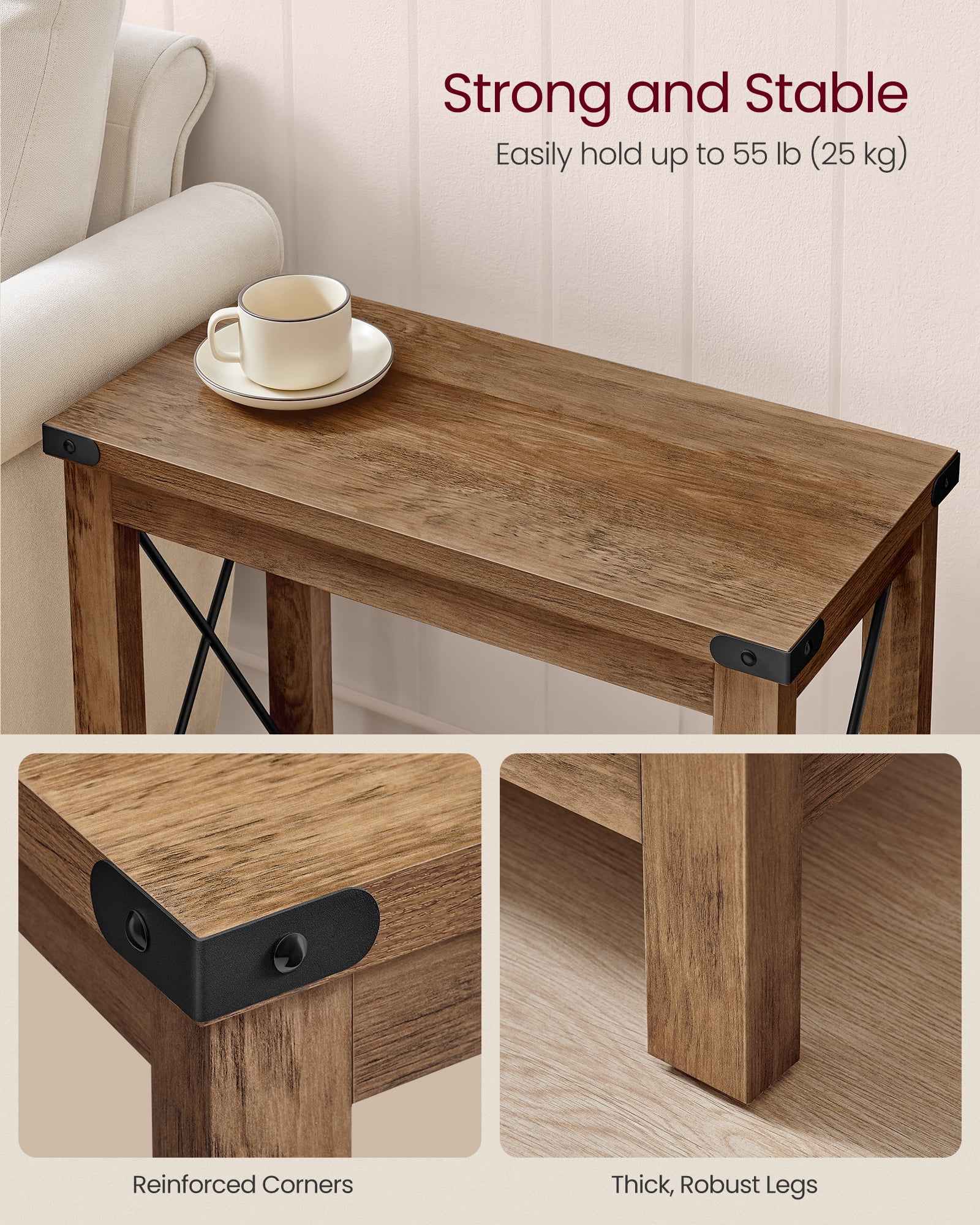 2-Tier End Table with Lower Shelf, Small Accent Table Nightstand, Rustic Farmhouse Design, Sturdy Wooden Construction – Honey Brown