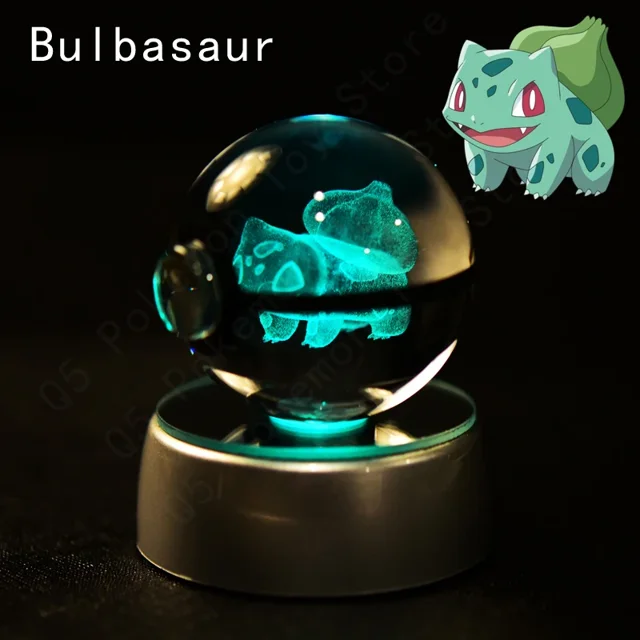 3D Pokemon Crystal Ball 8CM 5CM Mewtwo Pikachu Gengar Crystal Glass Pokemon Ball Pokeball Figure Night Light LED Lamp Base Gift
