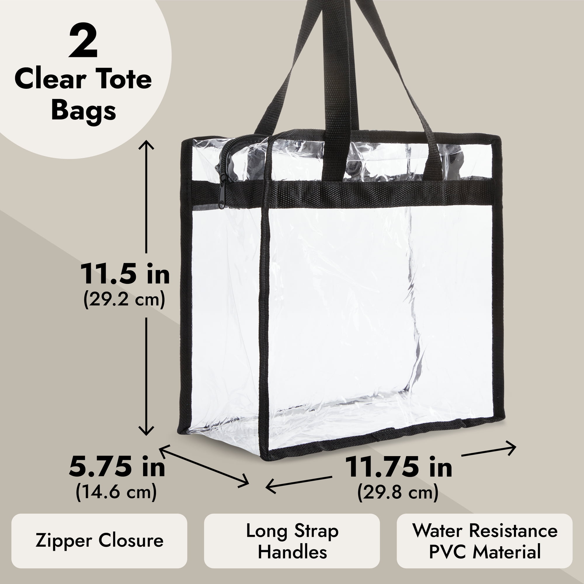 2 Pack Stadium Approved Clear Tote Bags, 12x6x12 Large Plastic Beach Bags  with Handles 