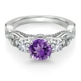 thumbnail image 3 of Gem Stone King 1.53 Cttw Purple Amethyst White Created Sapphire and White Moissanite Engagement Ring for Women | 925 Sterling Silver | Gemstone February Birthstone | Round 6MM and 3MM (Size 9), 3 of 5