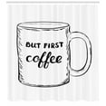 thumbnail image 3 of But First Coffee Shower Curtain, Hand Drawn Outline Drawing of a Mug Close Up with Calligraphy, Fabric Bathroom Set with Hooks, 69W X 70L Inches, Charcoal Grey and White, by Ambesonne, 3 of 3