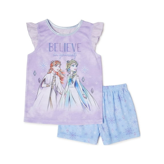 Disney Frozen 2 Girls Ruffle Short Sleeve Top and Shorts, Classic 2-Piece Pajama Set, Sizes 4-10