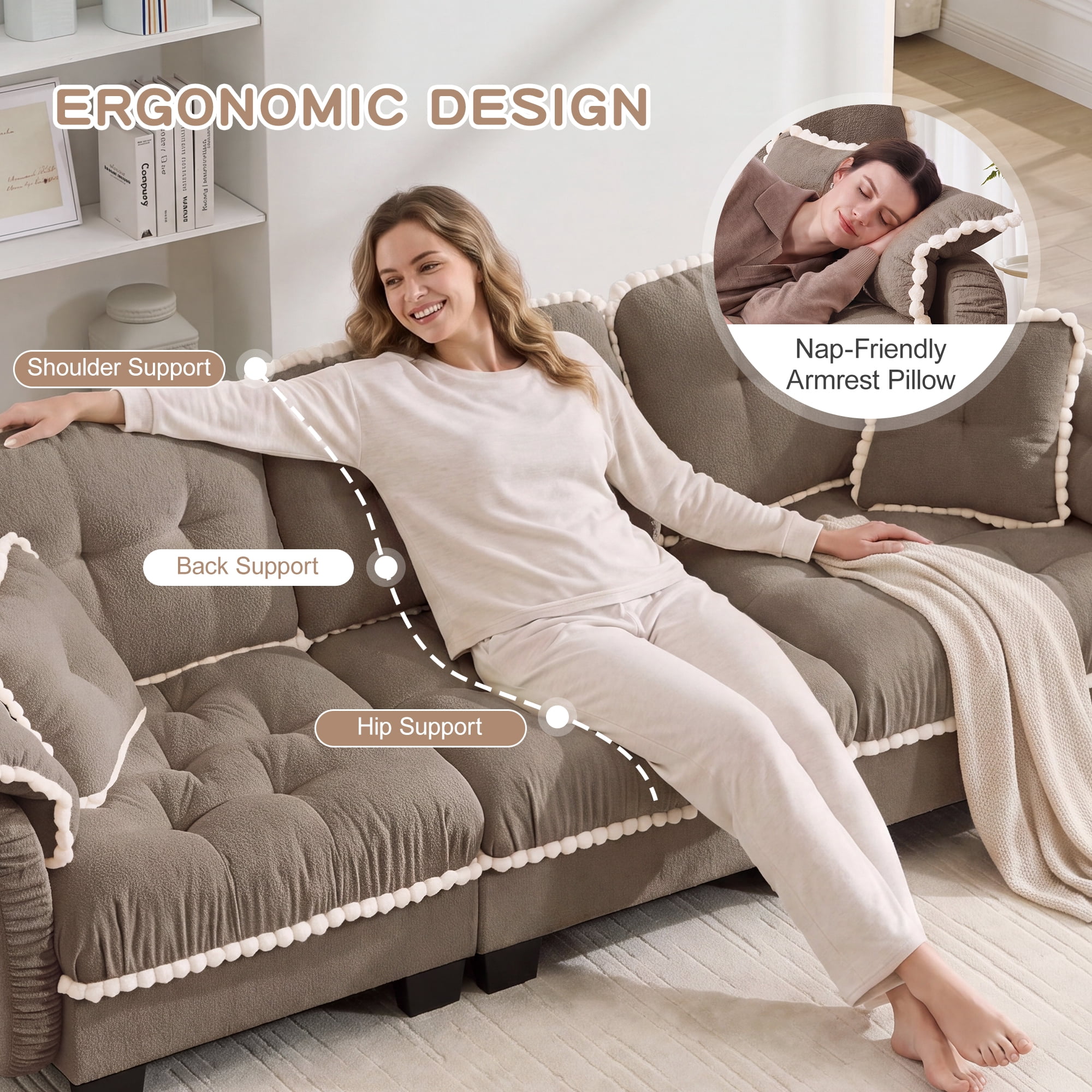 Anpport 70" Chenille Cloud Loveseat with 4 Pillows, Pom‑Pom Trim, Quilted Tufted Ergonomic, Easy Assembly Deep Seat for Living Room Apartment, Brown