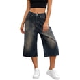 thumbnail image 2 of Womens Pants Summer Washed Denim Shorts for Distressed Lightweight Wide Leg Cropped Jeans Casual Comfort, 2 of 8