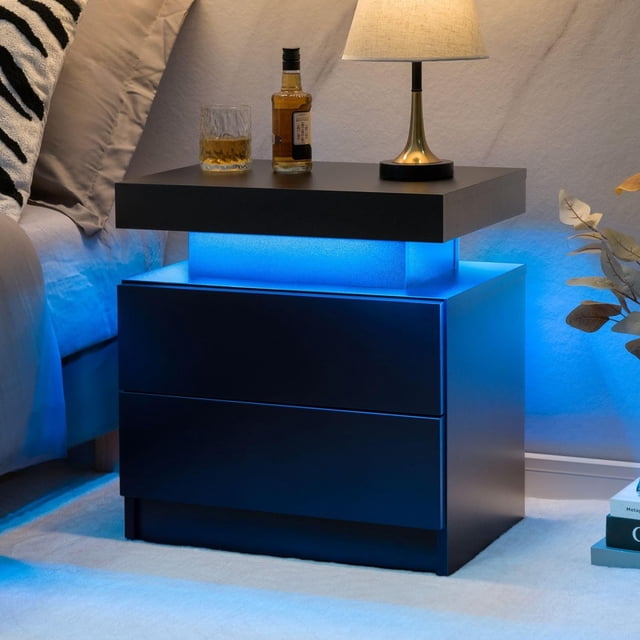 Table de Chevet Noire avec Lumière LED Table de Chevet Moderne Noire avec 2 Tiroirs Table d'Appoint pour Chambre