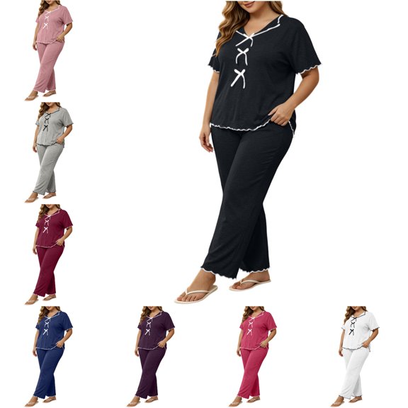 FAHUOMU Women's Plus Size Pajama Sets Short Sleeve Long Pants With Ruffled Trim Bow Front V Neck Elegant Loungewear Cozy Sleepwear