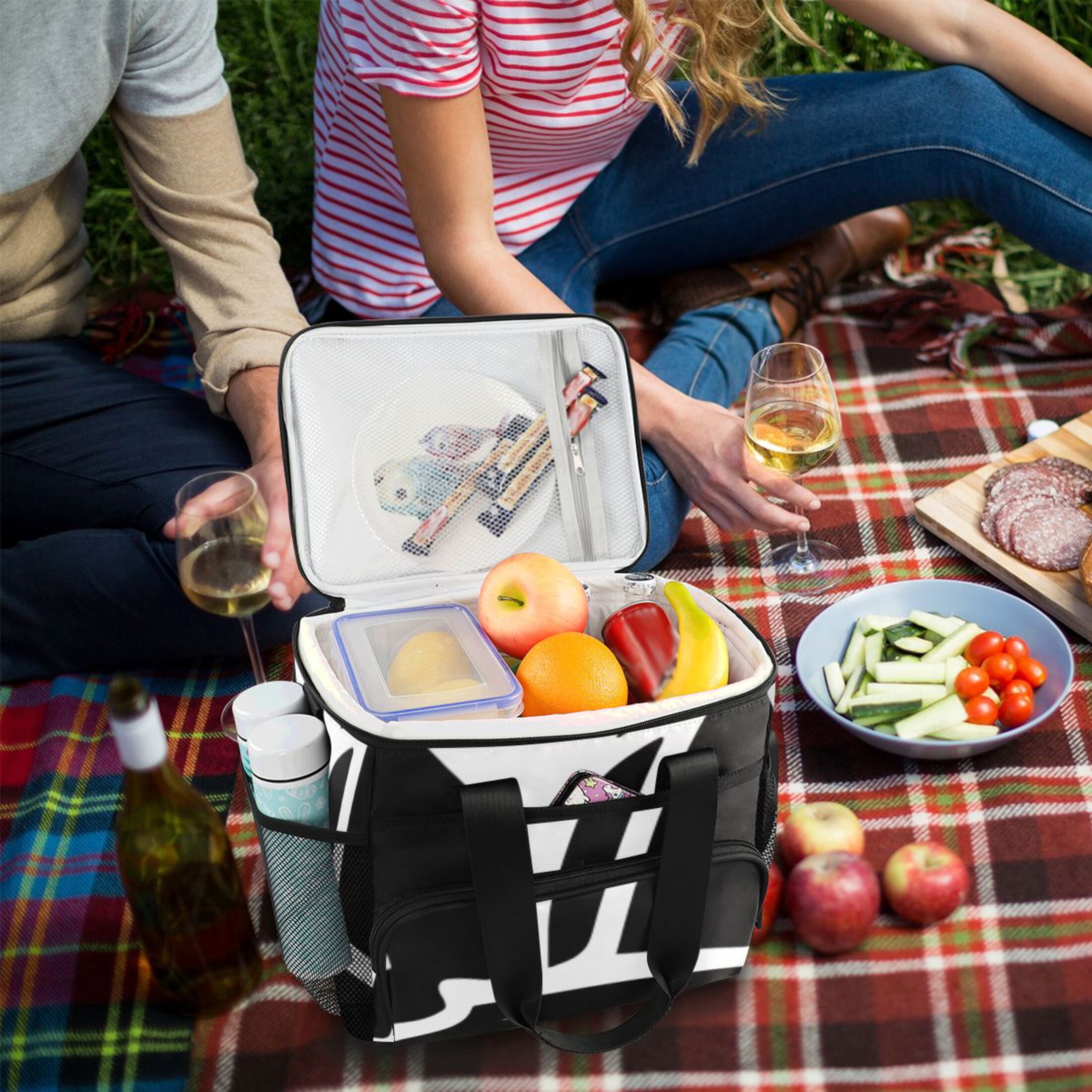 Black and White Line Shell Insulated Lunch Bag 15L Cooler Box for Women Men Work Camping Beach Travel