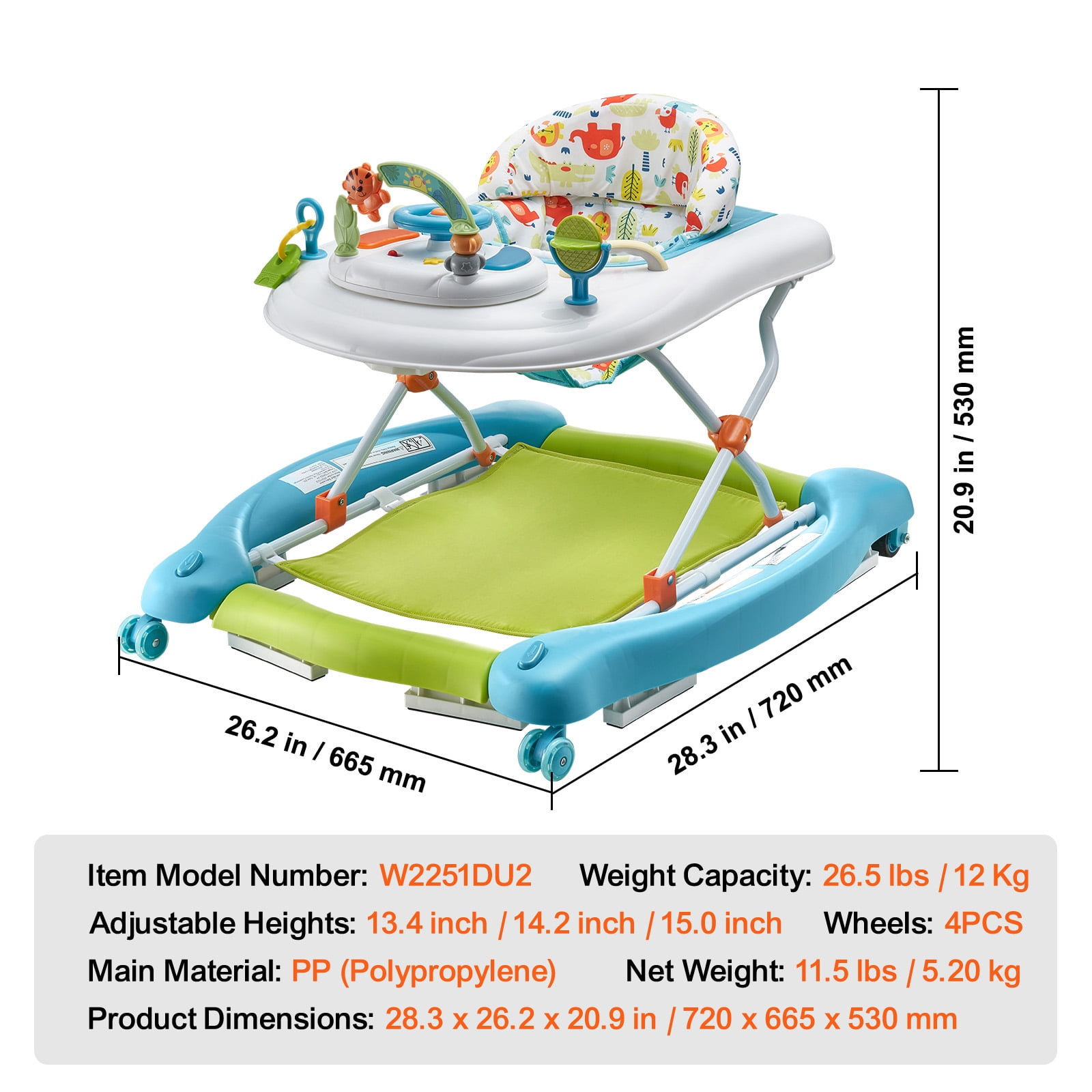 KFFKFF Baby Walker 4 in 1, Foldable Height Adjustable Baby Walker with Wheels, Infant Toddler Walker with Foot Pads, Anti-Fall Baby Walker With Music & Toys Tray for Boys and Girls 6-24 Months