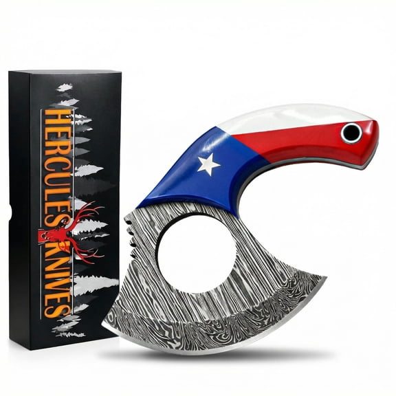 Hercules Knives Damascus Steel Ulu Knife, Fixed Blade Skinner Hunting Knife with Leather Sheath Texas Flag Resin Handle