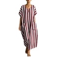 thumbnail image 3 of ClodeEU Women's Striped V Neck Short Sleeve Linen Blend Midi Dress, Casual Loose Swing Sundress with Pockets Wine,Women's Plus S, 3 of 8