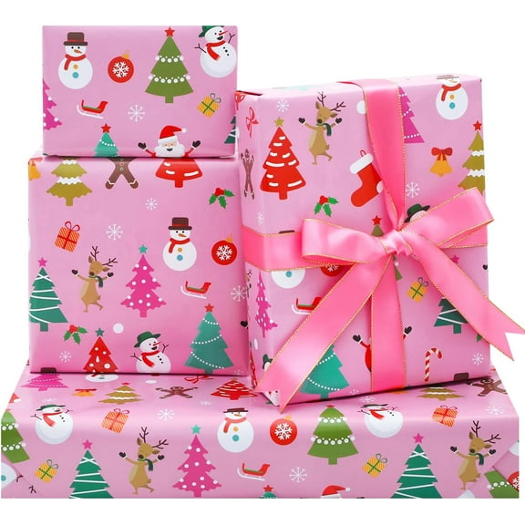 Benefree Pink Christmas Wrapping Paper, Baby Merry Christmas Xmas Santa Snowman Wrapping Paper with Pink Ribbon 6 Folded Sheets 28x20 Inches Santa Wrap Paper for Kids Girls Women Holidays