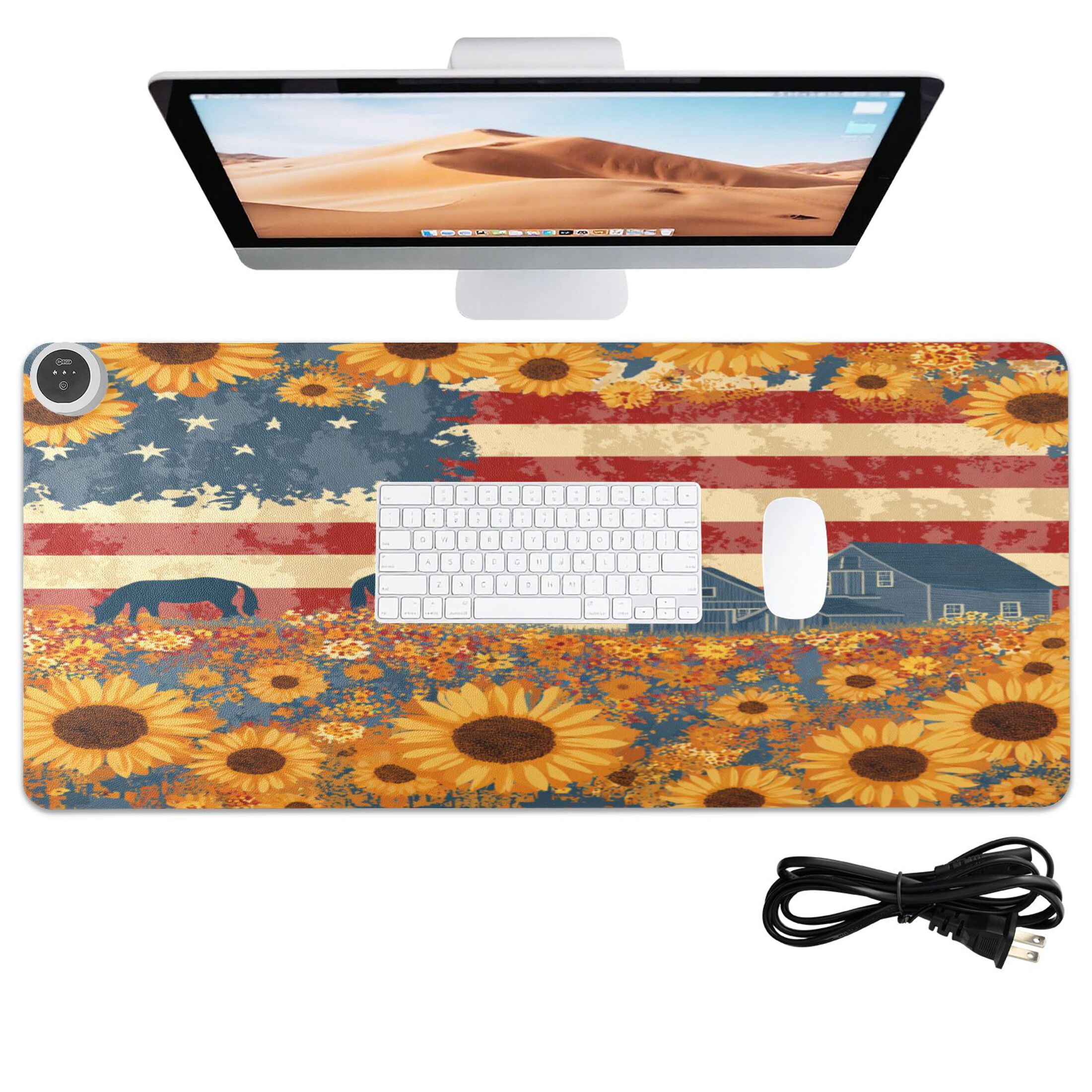 Large Heated Desk Mat Mouse Pad 31.5"x13"PU Leather Graphene Heating Desk Warmer with 3 Temperature Settings 110V US Plug Non-Slip Warm Pad for Home, Office, and Gaming American Folk Art Painting