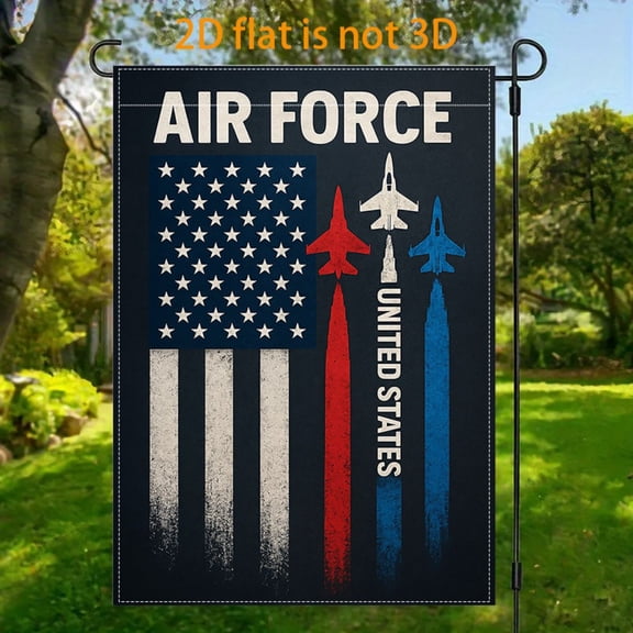 Garden Flag, a 12x18-inch, double-sided 2D design, is a solemn and imposing military-themed patriotic garden flag. It is very suitable for outdoor decoration on Veterans Day or Air Force related fest