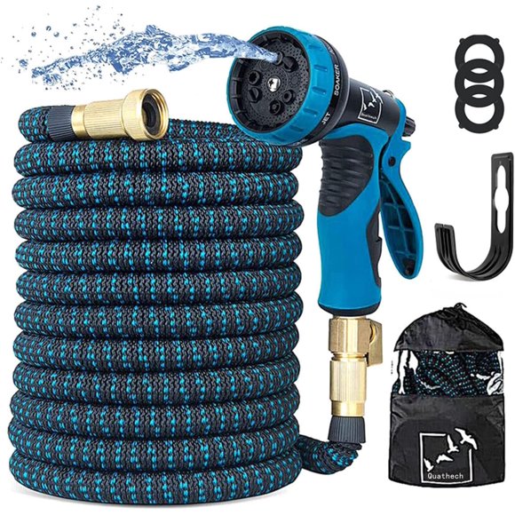 GHSDFBB 100 Ft Expandable Garden Hose, Durable Flexible Rubber Water Hose,9 Function Spray Hose Nozzle, 3/4" Solid Brass Connectors, Extra Strength Fabric (Blue-Black FT100)