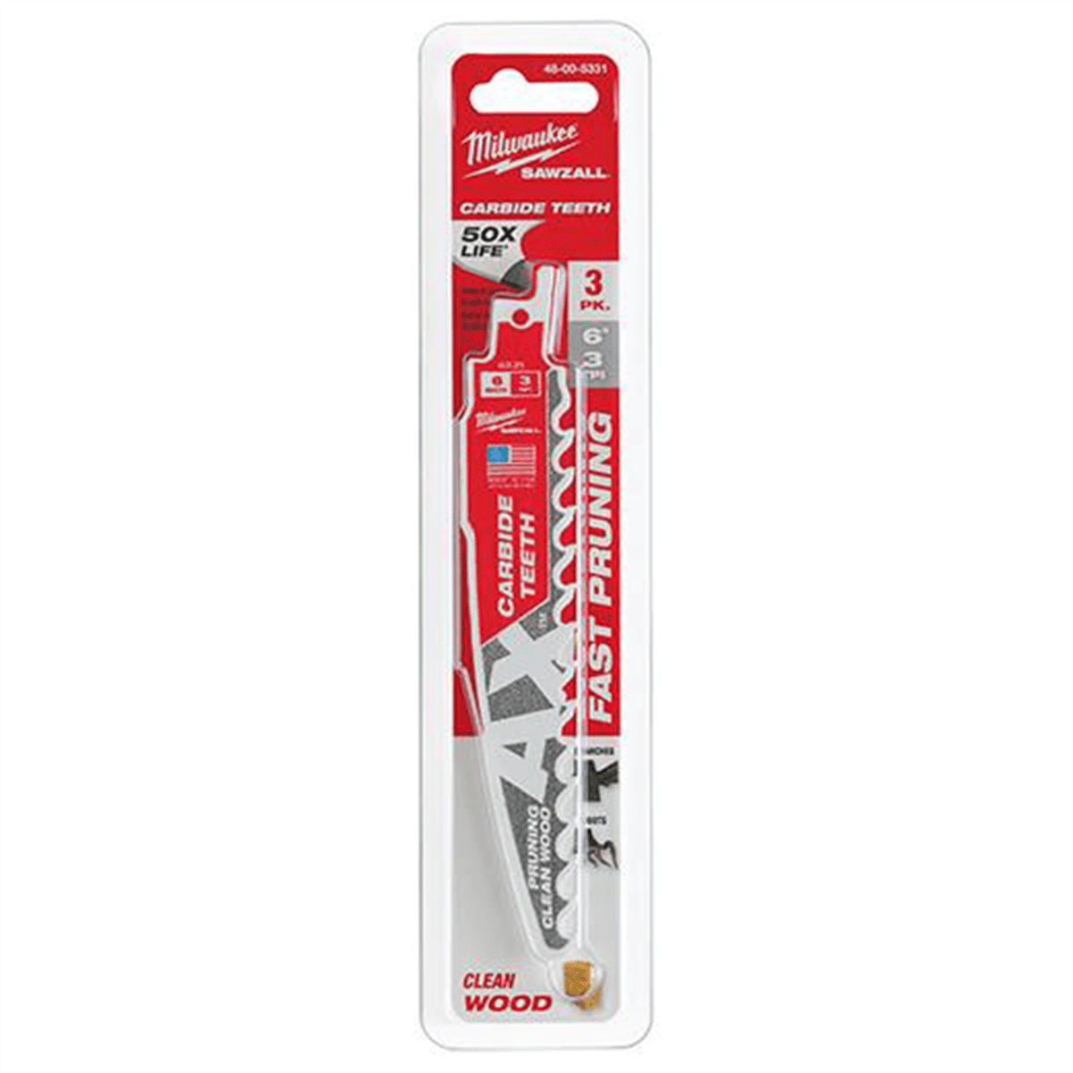 Milwaukee-48-00-5331 6in. 3 TPI The AX with Carbide Teeth for Pruning And Clean Wood SAWZALL Blade 3PK