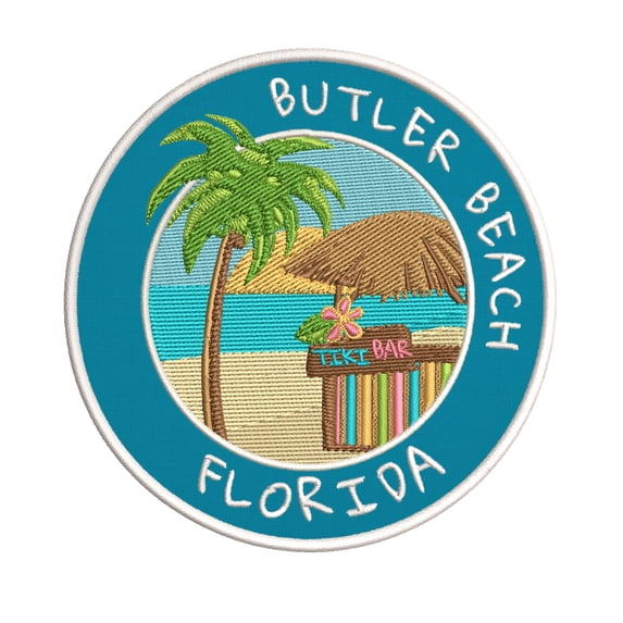 Happy Hour! Butler Beach, Florida 3.5 Inch Iron Or Sew On Embroidered Fabric Badge Patch Ocean Beach, Salt Life Iconic Series