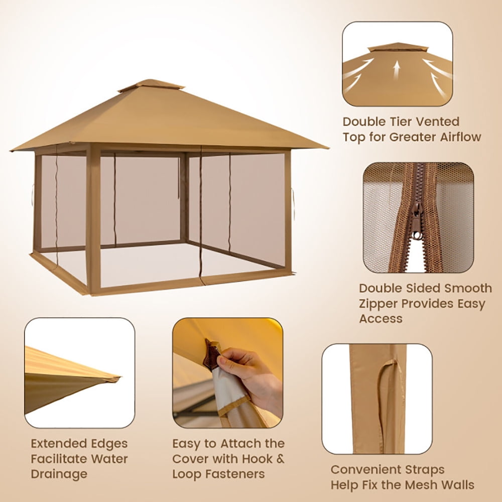 Aimee Lii 13 x 13 Feet Pop-up Instant Canopy Tent with Mesh Sidewall, Backyard Canopy Gazebo for Party Camping BBQ Events, Coffee