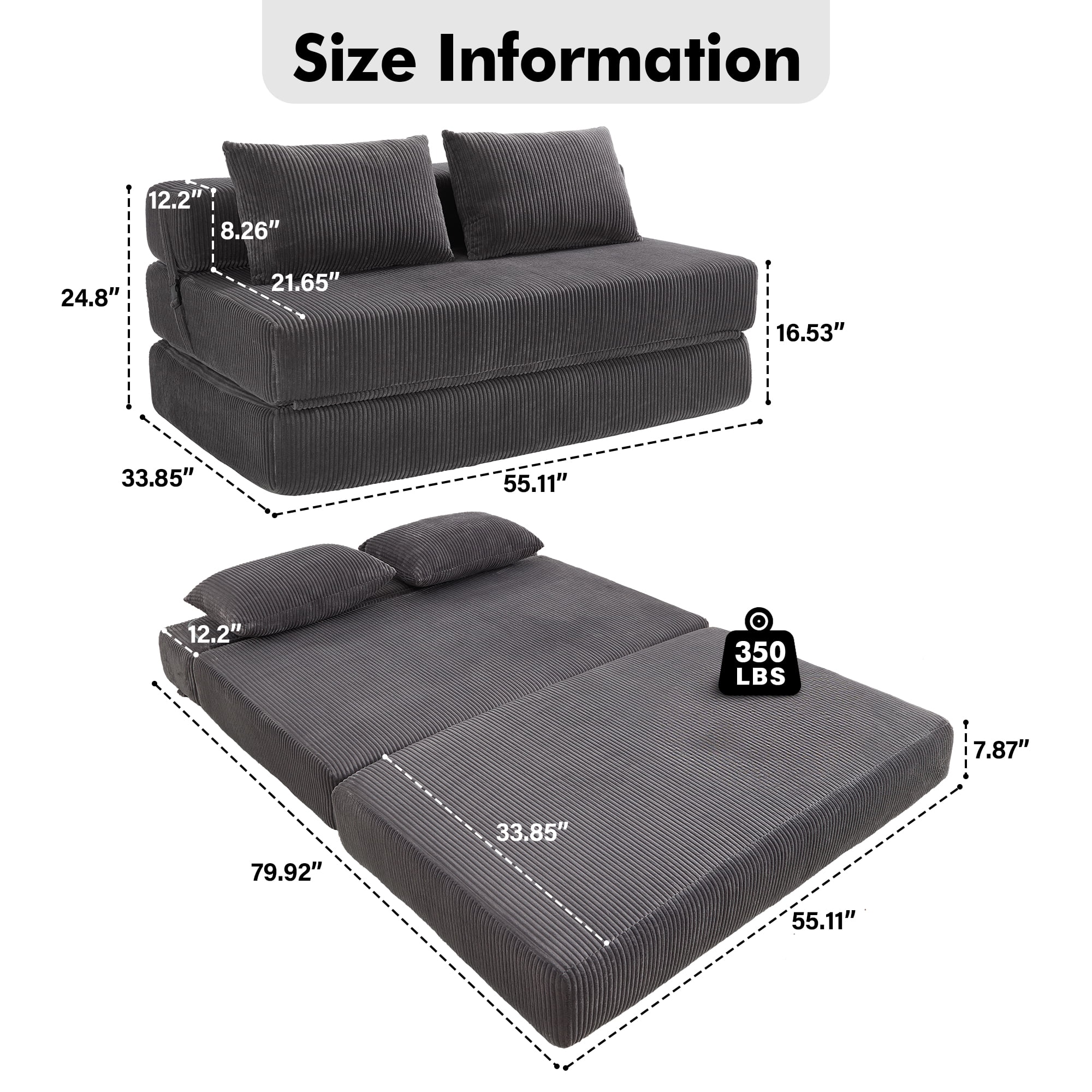 Aukfa Full Size Folding Sofa Bed, Loveseat Sleeper, Corduroy Convertible Floor Couch Mattress for Living Room, Dorm, Guest Room, Gray