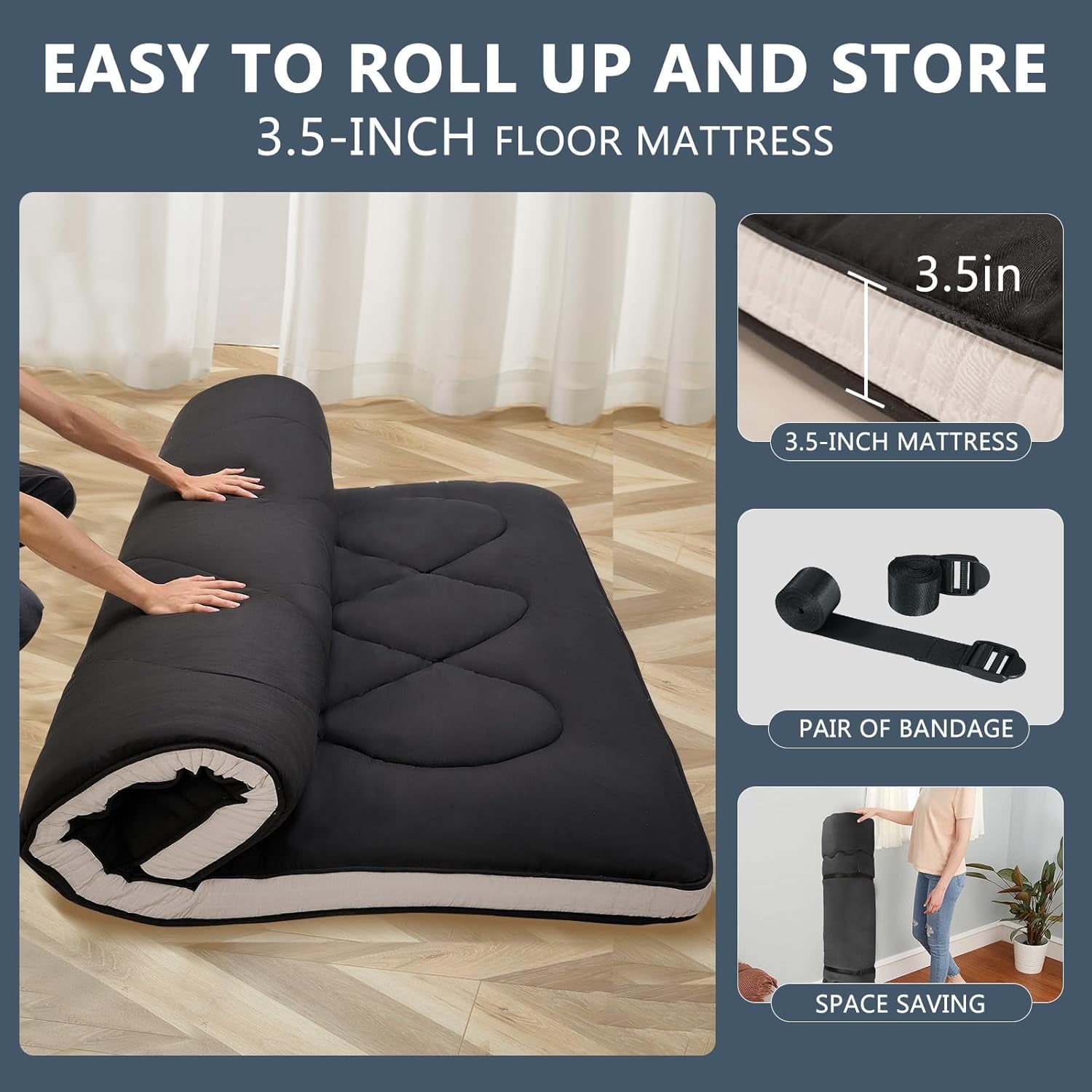 ABORON Japanese Floor Mattress Futon Mattress Full Size, Thicken Tatami Mat Sleeping Pad Foldable Roll Up Mattress Black