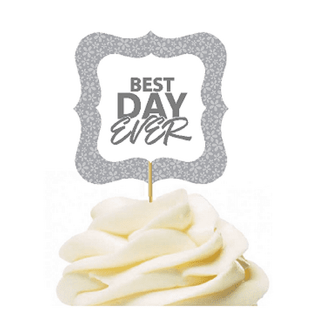 12pack Best Day Ever Grey Flower Cupcake Desert Appetizer Food Picks for Weddings, Birthdays, Baby Showers, Events &