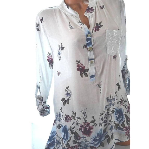 Gvmfive Women Casual Long Sleeve Floral Shirt Tops Sequins Pocket Loose Tee Blouse