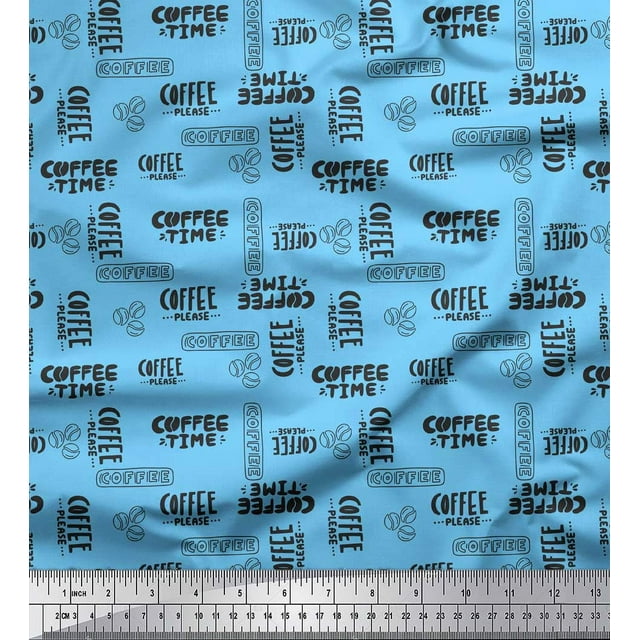 Soimoi Blue Cotton Duck Fabric Coffee Time Text Decor Fabric Printed Yard 42 Inch Wide