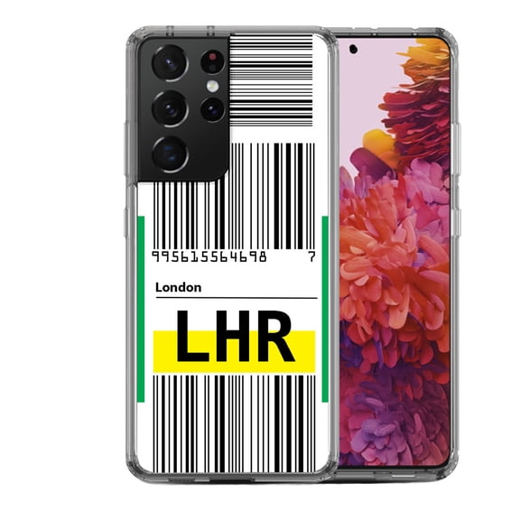 Shockproof Hybrid Bumper Phone Case for Samsung Galaxy S21 Ultra, by OneToughShield ® - Airport Tag / London