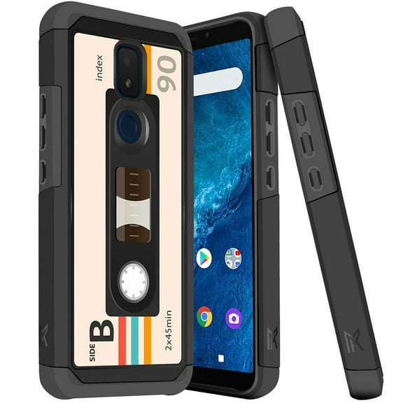 ANJ  Slim Dual Layer Hybrid Shockproof Case   Tempered Glass Cover for Cricket Icon 3, Splendor, AT&T Motivate 2 - Retro Cassette 6