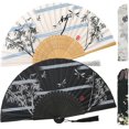 thumbnail image 1 of Abanicos de mano plegables pequeños para mujer, 2 abanicos chinos japoneses de seda de bambú vintage, para danza, festivales de música, bodas, fiestas, decoraciones, regalos. (Bambú gris y negro), 1 of 4