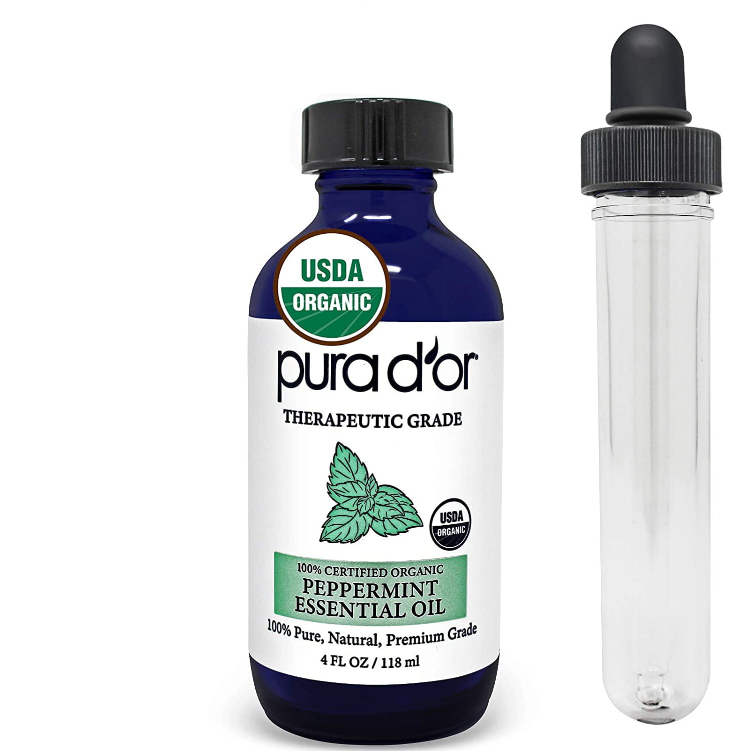 PURA D'OR Organic Peppermint Essential Oil (4oz with Glass Dropper) 100% Pure & Natural Therapeutic Grade For Hair, Body, Skin, Aromatherapy Diffuser, Massage, Refreshens, Energy, Mood, Home, DIY Soap