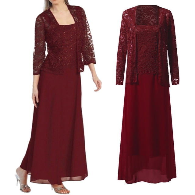 Plus Size Dresses Plus Size Hollow Out Lace Patchwork Solid Loose Hem Long Sundress Wine L