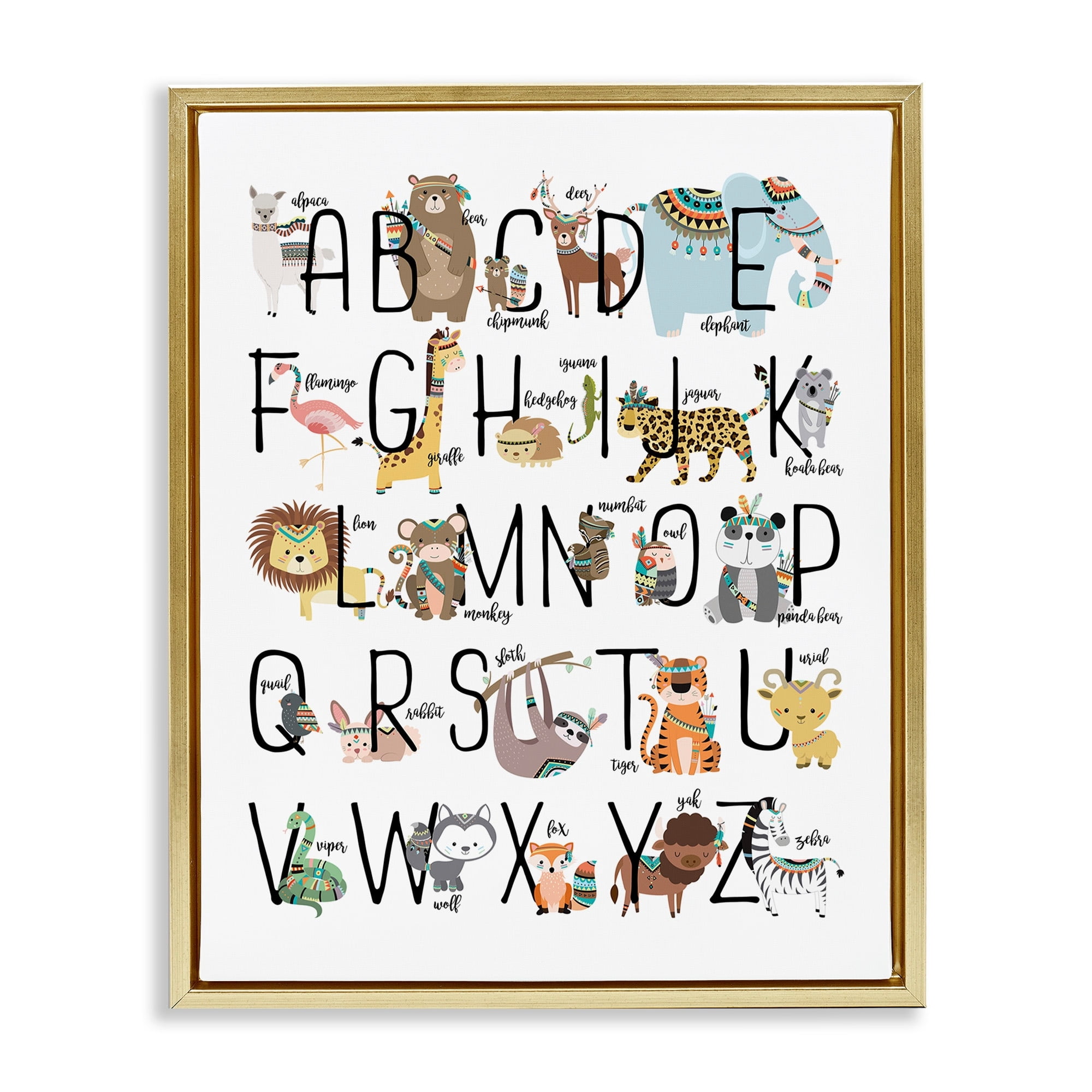 Stupell Industries Boho Animal ABCs Metallic Gold Framed Floating Canvas Wall Art, 16x20, by Erica Billups