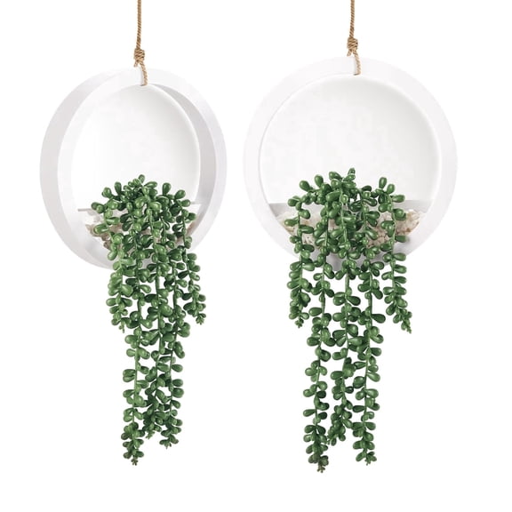 Miracliy 2 Pack White Round Frame Wall Hanging Trailing Artificial Succulent Plants, Fake Potted Greenery for Indoor Wall Decor, Comes with 2 Sachets as Free Gifts