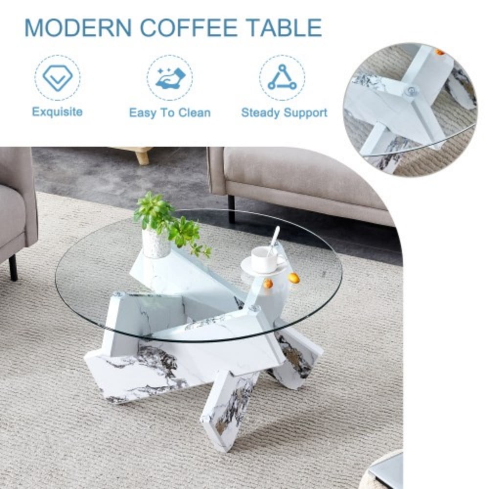 33" Round Glass Coffee Table, Modern Circular Tea Table with Tempered Glass Top and Wood-Look MDF Legs for Living Room, White