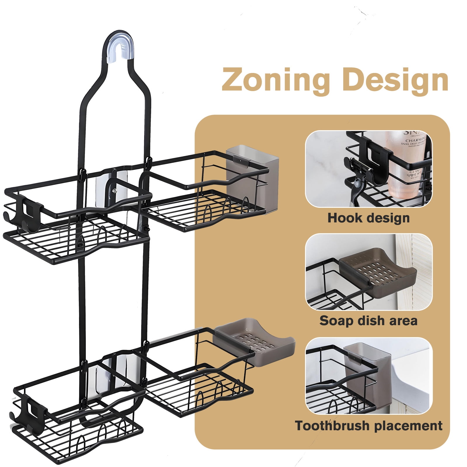 VEGCOO Over The Shower Head Caddy - 2 Tier Hanging Rustproof Metal Shower Organizer with Integrated Toothbrush Holder & Soap Dish, No Drill Adjustable Bathroom Shelf, for Shampoo, Loofah, Razors