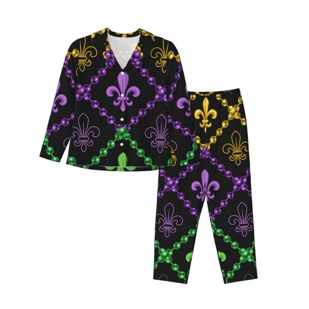 Balery Mardi Gra Geometric Conjunto de Pijama con Estampado para Mujer, Conjunto de Dos Piezas con Manga Larga, Ropa de Dormir Suave con Bolsillos, Pijamas Cómodos-X-Large