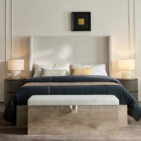 GOMYHOME Upholstered Flip Top Storage Bench, Ivory Chenille with Rustic Oak Base, 46"