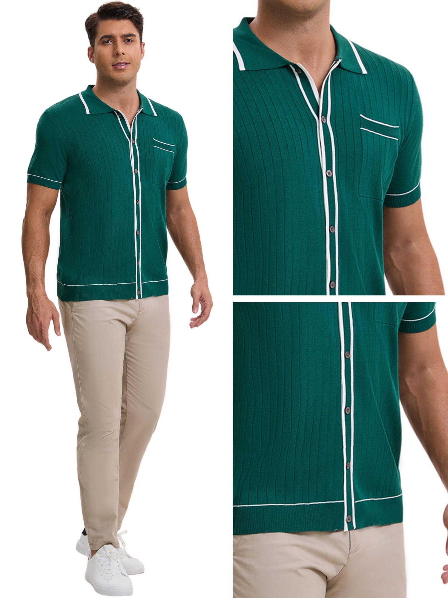 DARING DIVA Men's Knit Button Down Casual Vintage Short Sleeve Polo Shirt XL Green