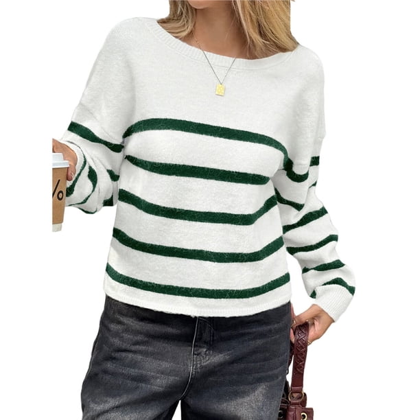 Suéter Corto de Cuello Redondo para Mujer, Larga, Tejido Grueso, Estilo Jersey, Ideal para Otoño Verde y M