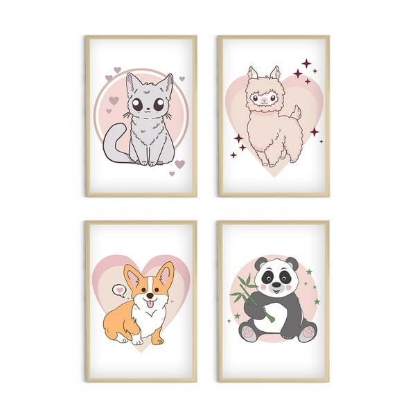 Awkward Styles Kawaii Wall Decor Pretty Kawaii Animals Kids Wall Art Kids Room Decor Boys Girls Room Wall Art Kitty Llama Dog Panda Set of 4 Poster