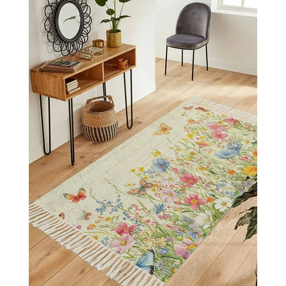 Spring Summer Botanical Area Rug 3x5ft Woven Runner Rug,Butterfly Floral Vintage Washable Living Room Hallway Bedroom Kitchen Carpet with Tassels,Indoor Outdoor Throw Door Mat for Entryway