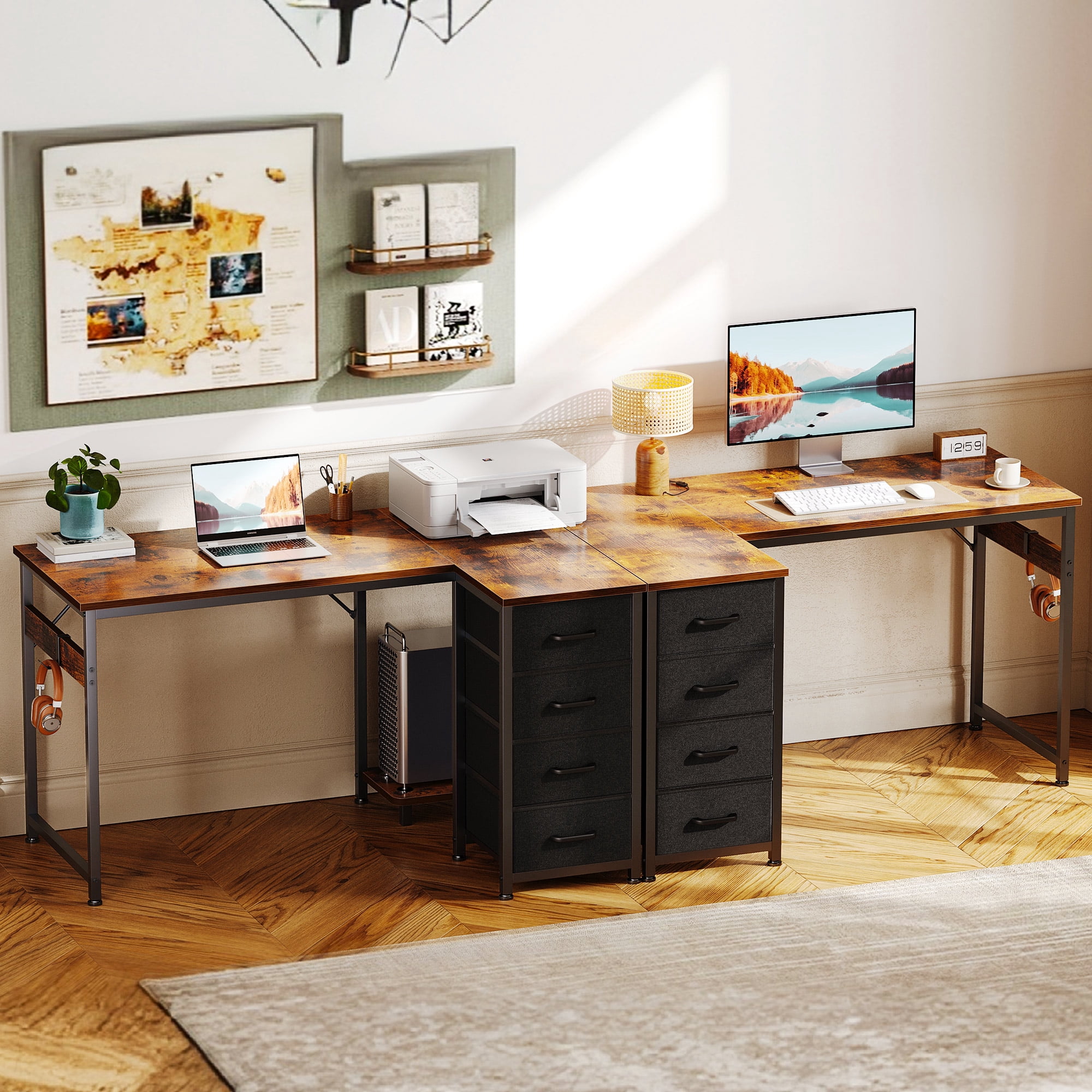 40 inch Computer Desk with 4 Fabric Drawers — Home Office Desks with Storage, Writing Desk with Side Hook, Desk Study/Work Table for Bedroom and Small Space, Vintage