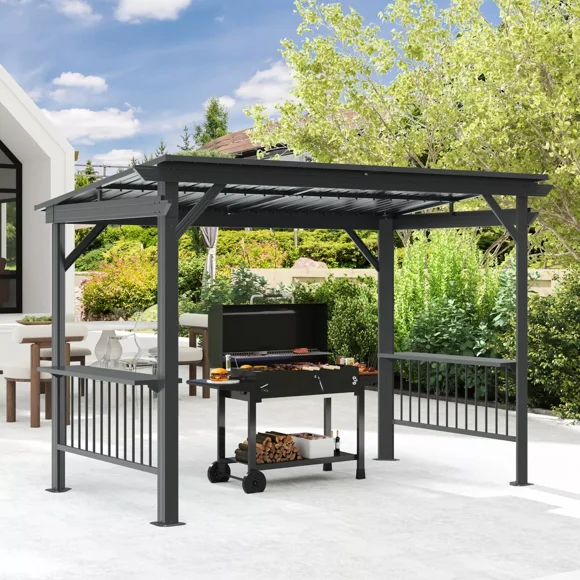 Domi Outdoor Living Gazebo de Gril à Toit Rigide 6,5 X 12 Pi Auvent de BBQ Extérieur avec 2 Tablettes Latérales et Crochets de Plafond, Toit en Pente en Acier Galvanisé pour Patio, Pelouse, Cour Arrière (Gris)