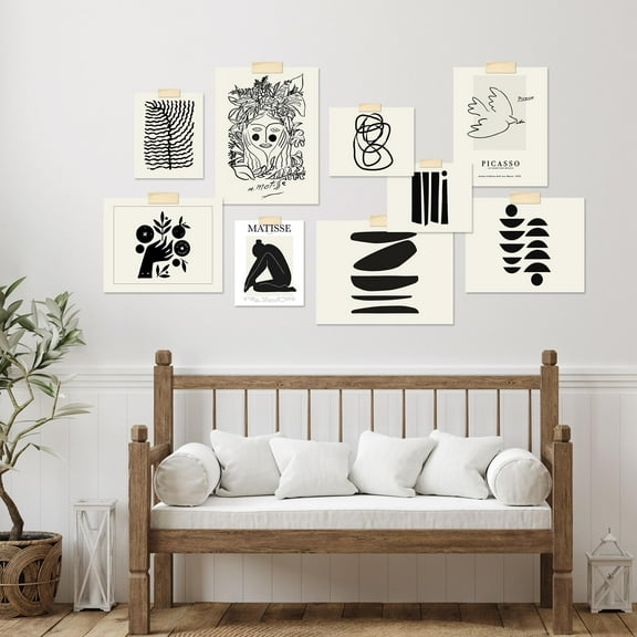PixonSign Adhesive Canvas Print Wall Art Set - Black & White Matisse Drawing Poster Modern Art - Variety Geometric Collage Gallery Set of 9 Abstract Illustrations Wall Décor for Home - Unframed