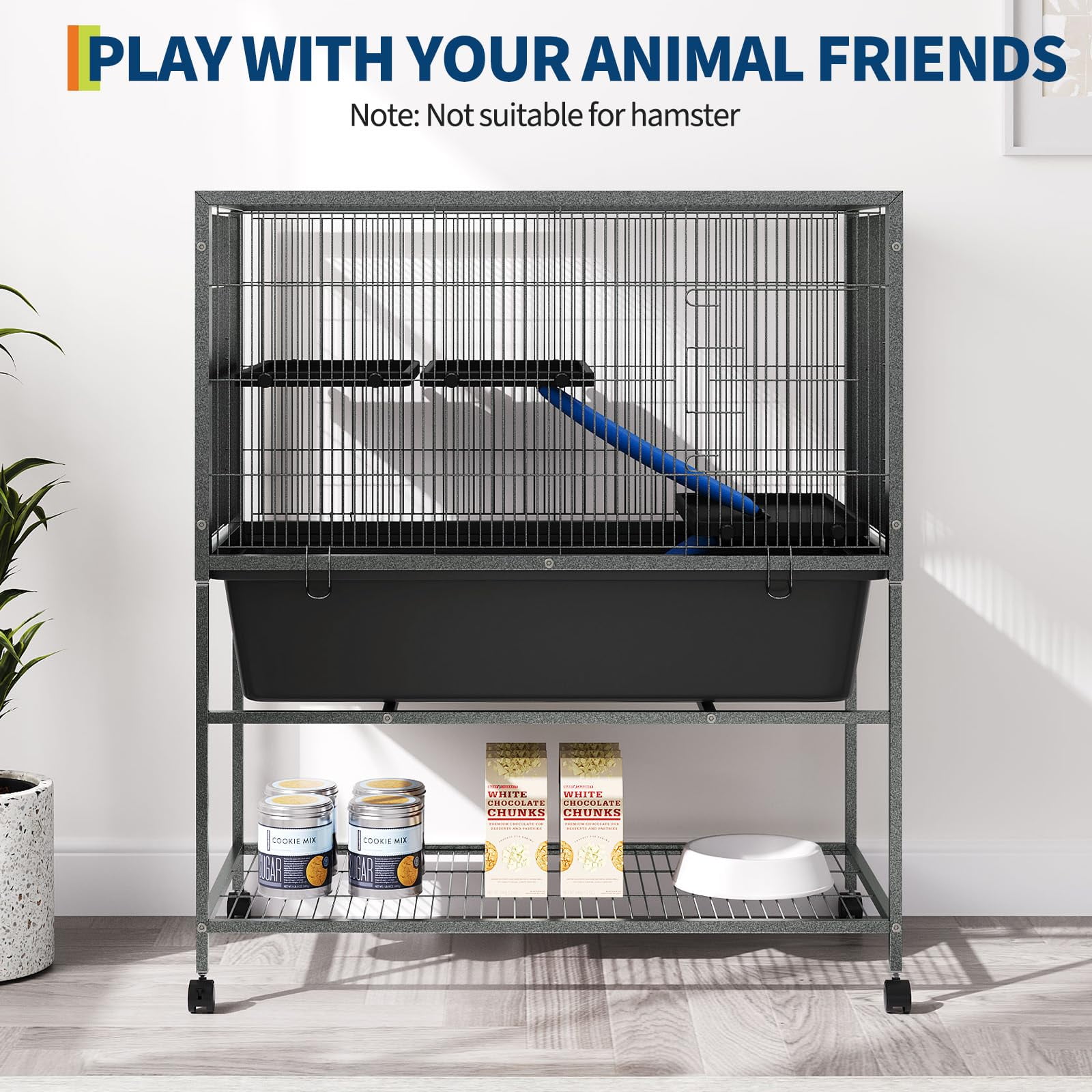 Ataucjin Multi-Level Metal Bird Cage for Small Pets, Removable Platforms & Deep Slide-Out Tray - Lockable Wheels & Storage Shelf,Ideal for Ferrets, Chinchillas, Rabbits, Squirrels