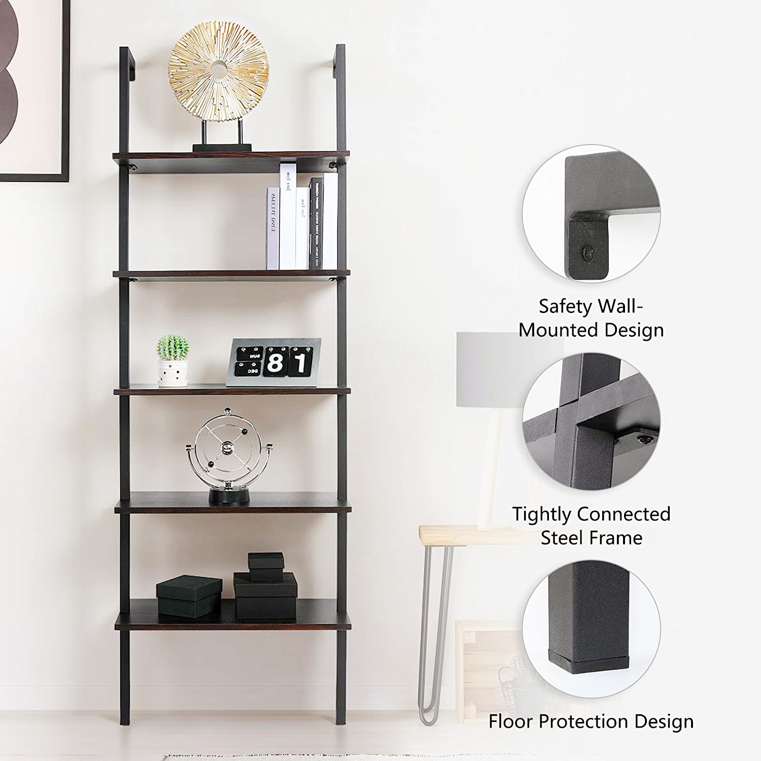 Zimtown 5-Shelf Wall-Mounted Ladder Bookcase, Brown photo 6