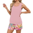 thumbnail image 5 of Tropical Print Two Piece Set for Women, Sleeveless Scoop Neck Tank Top & Drawstring Shorts with Pockets - Casual Summer Vacation Lounge Outfit Light pink XXXL, 5 of 9