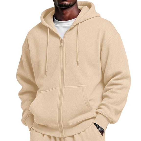 Full Zip Fleece Hoodie for Men Oversized Long Sleeve Pocket Loose Fit Streetwear Athletic Zip Up Sweatshirt Beige S