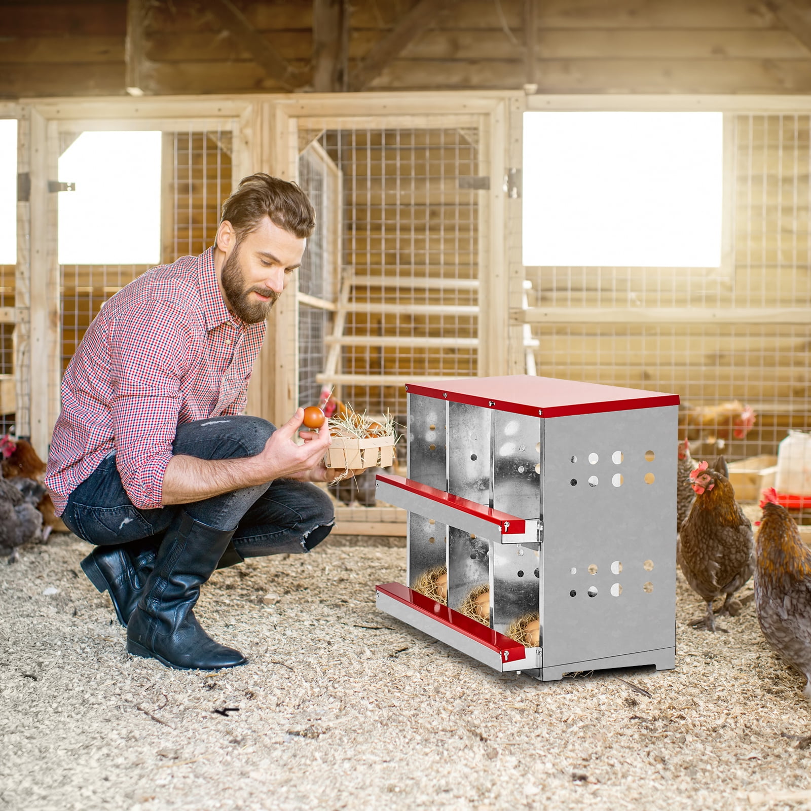Chicken Nesting Box with Basket, 6 Compartment Roll Out Egg Nest Box Chicken Laying Box Hens Chicken Coop Box